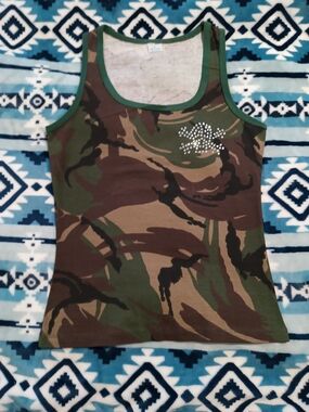 Juniors Camouflage Tank Top with Rhinestone Detail - Green